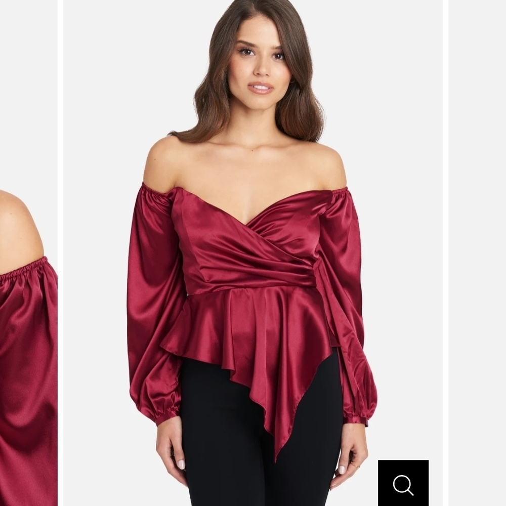 Bebe Asymmetrical Peplum Hammered Satin Blouse